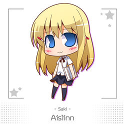  aislinn_wishart big_eyes blonde_hair blue_eyes blush character_name chibi chibi_only copyright_name female hair_ornament long_hair miyamori_school_uniform no_nose pac-man_eyes saki_(manga) school_uniform skirt smile solo star_(symbol) suntail thighhighs zettai_ryouiki 