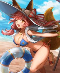  animal_ears bare_legs beach bikini blue_bikini blue_sky breasts cloud commentary day fate/grand_order fate_(series) female fox_ears fox_tail halterneck hat holding holding_swim_ring large_breasts lifebuoy long_hair looking_at_viewer nima_(niru54) ocean one_eye_closed open_mouth orange_eyes outdoors pink_hair ponytail ribbon sandals shirt side-tie_bikini_bottom side_ponytail sky smile solo standing standing_on_one_leg stomach string_bikini swim_ring swimsuit tail tamamo_(fate) tamamo_no_mae_(swimsuit_lancer)_(fate) tamamo_no_mae_(swimsuit_lancer)_(third_ascension)_(fate) 