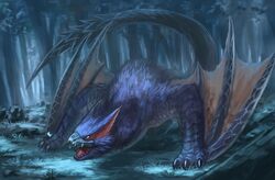  absurdres beak claws dragon forest highres monster monster_hunter_(series) nargacuga nasuno_posi nature no_humans open_mouth outdoors sharp_teeth spikes tail teeth western_dragon wyvern yellow_eyes 