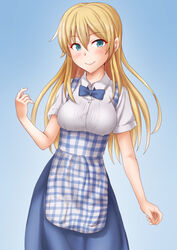  alternate_costume anti_(untea9) apron bismarck_(kancolle) blonde_hair blue_apron blue_background blue_bow blue_bowtie blue_eyes blue_skirt bow bowtie breasts checkered_apron checkered_clothes cowboy_shot employee_uniform female gingham gingham_apron gradient_background hair_between_eyes high-waist_skirt highres kantai_collection kobeya kobeya_uniform long_hair looking_at_viewer medium_breasts plaid plaid_apron pleated_shirt skirt smile solo twitter_username uniform waitress 