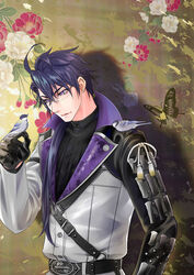  1boy ahoge animal_on_shoulder belt bird bird_on_hand bird_on_shoulder black_belt black_gloves black_shirt bug butterfly flower glasses gloves hair_between_eyes jacket looking_at_animal male_focus mutoyuta nikkou_ichimonji_(touken_ranbu) piercing ponytail purple_eyes purple_hair red_flower shirt solo swallowtail_butterfly tit_(bird) touken_ranbu white_flower white_jacket 