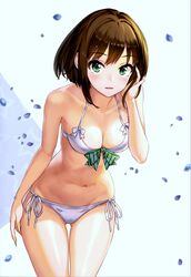  absurdres alternate_hair_length alternate_hairstyle ass_visible_through_thighs bare_shoulders bikini blue_background blush bow breasts brown_hair cleavage collarbone cowboy_shot falling_petals female fingernails front-tie_top green_bow green_eyes halterneck hamahama highres hip_focus idolmaster idolmaster_cinderella_girls leaning_forward long_fingernails looking_at_viewer medium_breasts navel parted_lips petals scan shibuya_rin shiny_skin short_hair side-tie_bikini_bottom simple_background smile solo striped striped_bow swimsuit thigh_gap thighs white_background white_bikini 