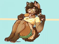  2017 4:3 4_toes 5_fingers anthro arm_tuft barefoot big_breasts blue_background bottomwear breasts brown_body brown_feet brown_fur brown_hair brynalyn canid canine chest_tuft claws clothed clothing crop_top cute_fangs eating eating_food elbow_tuft feet female finger_claws fingers fluffy fluffy_tail food fur gesture gloves_(marking) gradient_fur green_bottomwear green_clothing green_shorts hair hand_gesture hindpaw hip_tuft hotpants humanoid_hands humanoid_heel leg_markings leg_tuft licking licking_popsicle looking_at_viewer mammal maned_wolf markings midriff open_mouth open_smile pattern_clothing pattern_shirt pattern_topwear pawpads paws pink_nose pink_pawpads pink_tongue plantigrade popsicle popsicle_melting shirt short_hair shorts signature simple_background sitting smile smiling_at_viewer socks_(marking) solo striped_clothing striped_shirt striped_topwear stripes tail tan_body tan_fur teeth thick_thighs thigh_tuft toe_claws toe_wiggle toes tongue tongue_out topwear tuft under_boob v_sign yellow_eyes 