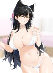  animal_ears atago_(azur_lane) atago_(summer_march)_(azur_lane) azur_lane bad_id bad_pixiv_id bikini black_hair blush breasts brown_eyes cleavage commentary extra_ears female flower hair_flower hair_ornament highres large_breasts long_hair looking_at_viewer navel official_alternate_costume shengtian smile solo swimsuit white_bikini 