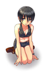  black_hair blue_eyes breasts cleavage commentary crop_top downblouse female fujisawa_takashi highres midriff navel original short_hair short_shorts shorts sitting solo tan tanlines tomboy wariza white_background 