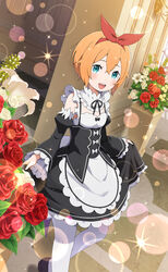  :d apron black_bow black_footwear black_ribbon black_skirt black_sleeves blue_eyes blush bow bow_hairband breasts detached_collar detached_sleeves dutch_angle female flower hair_between_eyes hairband highres lens_flare long_sleeves looking_at_viewer maid miniskirt neck_ribbon official_art open_mouth orange_hair petra_leyte re:zero_kara_hajimeru_isekai_seikatsu red_flower red_hairband red_ribbon red_rose ribbon rose roswaal_mansion_maid_uniform short_hair skirt skirt_hold small_breasts smile solo standing waist_apron white_apron white_bow white_flower 