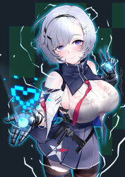  asymmetrical_legwear au11 azur_lane bare_shoulders black_hairband blue_collar blue_skirt breasts closed_mouth collar commentary cowboy_shot detached_collar detached_sleeves female grey_hair hair_between_eyes hair_ornament hairband hairclip highres large_breasts metal_gloves miniskirt multiple_straps necktie outstretched_hand pantyhose parted_hair pink_lips pleated_skirt purple_eyes red_necktie reno_(azur_lane) shirt short_hair skirt sleeveless sleeveless_shirt smile solo strap thigh_strap thighhighs underbust uneven_legwear v 