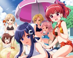  6+girls :d ahoge akitsune_kon anima_yell! arima_hizume bare_arms bare_shoulders beach_umbrella bikini black_bikini blonde_hair blue_bikini blue_eyes blue_hair blush bottle bow breasts brown_eyes cleavage closed_eyes commentary_request day frilled_bikini frills hair_bun hair_ornament hairbow hatoya_kohane highres holding holding_bottle lotion lying medium_breasts multiple_girls navel nose_blush oerba_yun_fang on_stomach one_eye_closed open_mouth outdoors ponytail purple_bow purple_eyes red_bikini red_hair ruu_(tksymkw) sand_sculpture sawatari_uki side-tie_bikini_bottom single_hair_bun sitting smile sunscreen swimsuit tatejima_kotetsu trowel twintails umbrella ushiku_kana water_bottle wavy_mouth white_bikini yuri 