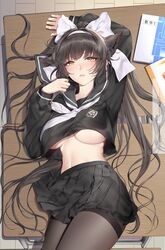  animal_ears arm_up au11 azur_lane black_hair black_pantyhose black_sailor_collar black_serafuku black_shirt black_skirt blush book bow breasts chinese_commentary commentary_request desk female from_above hairband hairbow highres large_breasts long_hair long_sleeves looking_at_viewer looking_up lying miniskirt navel neckerchief no_bra official_alternate_costume on_back on_table pantyhose parted_lips pleated_skirt sailor_collar school_desk school_uniform serafuku shirt skirt smile solo table takao_(azur_lane) takao_(school_romanza)_(azur_lane) thighband_pantyhose translated underboob very_long_hair white_bow white_hairband white_neckerchief yellow_eyes 