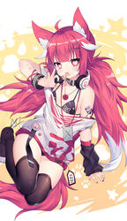  ahoge animal_ear_fluff animal_ears ao_jun bare_shoulders bikini black_bikini black_nails black_thighhighs blush breasts candy commentary_request female food hair_ornament hairclip headphones headphones_around_neck heart heart-shaped_pupils highres holding holding_candy holding_food holding_lollipop lollipop long_hair looking_at_viewer multicolored_hair nail_polish no_shoes off_shoulder open_mouth original photoshop_(medium) red_eyes red_hair saliva shirt small_breasts solo star_(symbol) streaked_hair studded_bracelet swimsuit symbol-shaped_pupils tail thighhighs tongue tongue_out very_long_hair white_hair white_shirt x_hair_ornament 