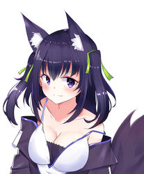  animal_ear_fluff animal_ears bare_shoulders breasts cat_ears cleavage commentary dreamoon female green_ribbons guild_cq highres large_breasts long_hair looking_at_viewer off_shoulder purple_eyes purple_hair quon_tama ribbon simple_background solo tail two_side_up virtual_youtuber white_background 