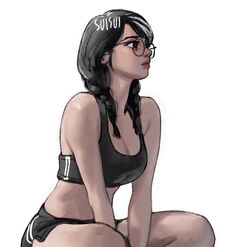  arms_between_legs artist_name black-framed_eyewear black_eyes black_hair black_shorts black_sports_bra braid breasts cleavage commentary dokkaebi_(rainbow_six_siege) female hair_over_shoulder highres lips medium_breasts medium_hair midriff nose rainbow_six_siege round_eyewear short_shorts shorts sitting solo sports_bra sportswear suisui_again symbol-only_commentary twin_braids underwear v_arms white_background 