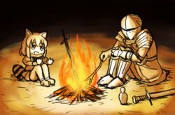  1boy :d animal_ears arai-san_mansion armor bonfire_(dark_souls) bottle campfire chosen_undead commentary common_raccoon_(kemono_friends) crossover dark_souls_(series) dark_souls_i dress epaulettes female fire full_armor fur_collar gauntlets helmet kemono_friends knees_to_chest open_mouth outstretched_arms raccoon raccoon_ears raccoon_tail sitting smile spread_fingers stick sword tail tenten_(nicoseiga18696142) weapon 