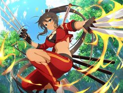  bikini_tan black_hair black_sports_bra blue_sky blush branch breasts bush cleavage cloud dark-skinned_female dark_skin day english_commentary female fire flaming_sword flaming_weapon forest green_eyes hair_ribbon high_ponytail holding holding_sword holding_weapon homura_(senran_kagura) jacket katana koshirae large_breasts linea_alba long_hair looking_at_viewer midair midriff multiple_swords multiple_wielding nature navel official_alternate_costume official_art ootachi outdoors pants plant ponytail pyrokinesis red_jacket red_pants red_track_suit ribbon scabbard senran_kagura senran_kagura_new_link senran_kagura_shoujo-tachi_no_shin&#039;ei sheath sheathed shiny_skin sky solo sports_bra sword tan tanlines third-party_source torn_clothes torn_jacket torn_pants torn_sports_bra tree tsuba_(guard) tsuka-ito unsheathed very_long_hair weapon white_footwear white_ribbon yaegashi_nan 