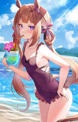  animal_ears bad_id bad_twitter_id beach blush breasts brown_hair casual_one-piece_swimsuit cleavage cloud collarbone commentary cup day drinking_straw female flower hair_flower hair_ornament hair_ribbon highres horse_ears horse_girl horse_tail looking_at_viewer official_alternate_costume ohihil one-piece_swimsuit outdoors purple_eyes ribbon sky small_breasts solo sweep_tosho_(monopolizing_the_chill?)_(umamusume) sweep_tosho_(umamusume) swimsuit tail twintails umamusume 