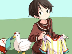  bird black_hair black_neckerchief blue_hair brown_sailor_collar brown_shirt commentary duck english_commentary female green_background green_eyes holding holding_clothes hololive kantai_collection look-alike mogami_(kancolle) neckerchief one-hour_drawing_challenge oozora_subaru oozora_subaru_(1st_costume) sailor_collar sailor_shirt school_uniform serafuku shirt short_hair sixten solo_focus striped_clothes striped_shirt subaru_duck two-tone_background upper_body vertical-striped_clothes vertical-striped_shirt virtual_youtuber 