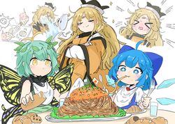  &gt;_&lt; 3girls antennae aqua_hair bandaid bandaid_on_face bandaid_on_forehead black_headwear blonde_hair blue_bow blue_dress blue_eyes blue_hair blush bow bread butterfly_wings cirno closed_eyes collared_shirt commission commissioner_upload cooking crossed_arms cup cutting_onions detached_wings dress drinking_glass eating eternity_larva fairy food fork green_dress hair_between_eyes hairbow hat highres holding holding_food holding_fork holding_knife ice ice_wings insect_wings knife leaf leaf_on_head long_hair matara_okina muffin multicolored_clothes multicolored_dress multiple_girls multiple_views orange_sleeves pasta shirt short_hair short_sleeves skeb_commission smile spaghetti tabard tatutaniyuuto touhou water white_shirt wide_sleeves wings yellow_eyes 