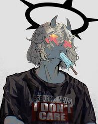  1boy black_shirt blue_skin breaking_news closed_mouth colored_skin demon_horns english_text food found_modori glasses grey_background grey_hair guilty_gear guilty_gear_strive hair_between_eyes halo happy_chaos highres horns ice_cream male_focus medium_hair popsicle shirt simple_background spiked_halo upper_body x-shaped_eyewear 