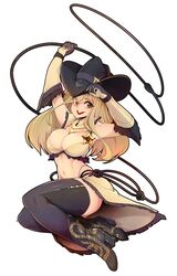  :d ankle_boots bad_id bad_twitter_id bandana bikini black_footwear black_hat blonde_hair boots breasts commentary cowboy_hat elbow_gloves english_commentary female full_body glint gloves green_eyes grey_gloves grey_thighhighs hand_on_headwear hand_up hat high_heel_boots high_heels highres holding_lasso large_breasts lasso lipstick long_hair looking_at_viewer makeup multicolored_clothes multicolored_gloves navel open_mouth original red_lips sheriff_badge simple_background slugbox smile solo swimsuit thighhighs waist_cape white_background 