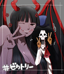  1boy ;) afro alternate_form biting_own_lip black_hair bleeding blood blood_from_mouth blood_on_face breasts brook_(one_piece) clothed_male_nude_female coat completely_nude convenient_censoring curled_horns dark-skinned_female dark_skin demon_girl demon_horns demon_wings devil_child double_v female giant giantess gloves grin hair_censor hair_over_breasts half-closed_eye hand_up hands_up hat highres horns huge_breasts injury lips long_hair long_sleeves looking_at_viewer musical_note nico_robin nude one_eye_closed one_piece pose red_eyes red_horns red_wings scratches size_difference skeleton skull smile spoilers tomatop top_hat undead v wings 