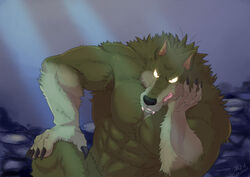  abs anthro arm_support armpit_hair body_hair brown_body brown_fur canid canine canis claws clenched_teeth fangs fur gabu glowing glowing_eyes grumpy hand_on_face head_on_hand jabuhusky leaning_on_elbow light light_beam looking_at_viewer male mammal muscular muscular_anthro muscular_male navel one_stormy_night pecs resting_on_arm solo teeth wolf 