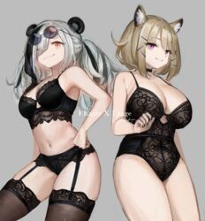  2girls animal_ear_fluff animal_ears arknights black_bra black_hair black_nails black_panties bra breasts brown_eyes brown_hair character_name commentary eyewear_on_head feater_(arknights) garter_belt grey_background hand_on_own_hip highres large_breasts lingerie looking_at_viewer multicolored_hair multiple_girls nashidrop navel oerba_yun_fang panda_ears panties pink_eyes purple-tinted_eyewear round_eyewear short_hair simple_background skin_fang smile streaked_hair sunglasses teddy_(lingerie) tinted_eyewear two-tone_hair underwear underwear_only utage_(arknights) white_hair 