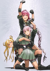  3girls abukuma_(kancolle) abukuma_kai_ni_(kancolle) all_fours bike_shorts black_footwear black_gloves black_jacket black_ribbon blonde_hair blue_eyes boots buttons double_bun duplicate full_body gloves grey_sailor_collar grey_skirt gundam gundam_narrative hair_between_eyes hair_bun hair_flaps hair_rings jacket kantai_collection kinu_(kancolle) kinu_kai_ni_(kancolle) long_hair looking_at_viewer meme multiple_girls narrative_formation neck_ribbon open_mouth orange_eyes parody partially_fingerless_gloves pink_hair pleated_skirt pointing pointing_up ponytail pose purple_hair red_hair red_ribbon revision ribbon sailor_collar school_uniform serafuku short_hair short_sleeves shorts shorts_under_skirt single_stripe skirt tantaka very_long_hair yellow_eyes yura_(kancolle) yura_kai_ni_(kancolle) 