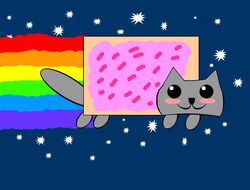  anonymous_artist blush domestic_cat felid feline felis feral flying food fur grey_body grey_fur male mammal meme night nyan_cat pop_tart_cat rainbow simple_background solo star wide_eyed 