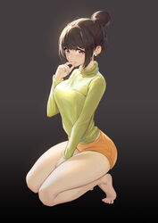  absurdres bare_legs barefoot between_legs breasts earrings female finger_to_mouth from_side full_body green_sweater hair_bun hand_between_legs highres jewelry large_breasts light_blush long_sleeves looking_at_viewer orange_shorts original purple_eyes saw272 seiza short_shorts shorts sidelocks simple_background sitting solo sweater thick_thighs thighs toes turtleneck turtleneck_sweater 