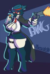  2:3 absolute_territory absurd_res anthro ass belt big_breasts big_butt boots bottomwear breasts cigarette cigarette_in_mouth cleavage clothed clothing decidueye female footwear generation_7_pokemon gun handgun hi_res high_heeled_boots high_heels holding_gun holding_object holding_ranged_weapon holding_weapon huge_breasts huge_butt lighter miniskirt necktie necktie_between_breasts nintendo nokamiwd object_in_mouth pokemon pokemon_(species) ranged_weapon revolver simple_background skirt smoking solo standing thick_thighs waist_belt weapon wide_hips 