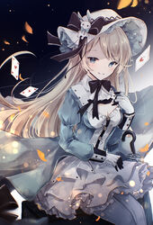  absurdres alice_(arcaea) arcaea black_bow blonde_hair blue_eyes blue_pantyhose blush bow breasts card cleavage closed_umbrella female floating_hair frills gloves grin hair_ornament hat hat_bow highres layered_skirt lolita_fashion long_hair long_sleeves miniskirt miyu_(miy_u1308) pantyhose petticoat rabbit_hair_ornament sitting skirt small_breasts smile solo swept_bangs umbrella very_long_hair white_hat white_skirt white_umbrella 