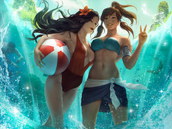  1boy 2girls abs arm_around_shoulder armband asami_sato avatar_legends ball beachball bikini bikini_skirt bolin breasts cleavage dark-skinned_female dark_skin day element_bending flower hair_flower hair_ornament korra long_hair multiple_girls navel one-piece_swimsuit outdoors pabu_(avatar) partially_underwater_shot ponytail smile sparkle stomach swimming swimsuit the_legend_of_korra underwater v water zarory 