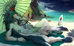  amazing_background anthro arm_markings avian beach_towel beach_umbrella beak blue_body blue_feet blue_fur blue_hair blue_sky claws cloud detailed detailed_background duo ear_markings eyebrows facial_markings feathers feet female fluffy fluffy_tail fur green_body green_feather_hair green_feathers green_feet green_hands green_towel green_umbrella green_water grey_beak hair head_markings leg_markings lynxwolf male male/female markings morea_(lynxwolf) nevrean parasol plant prick_ears rou_(nevrean) sea sergal sky socks_(marking) tail thick_eyebrows towel water watermark white_body white_feathers white_fur white_hands wrist_markings 