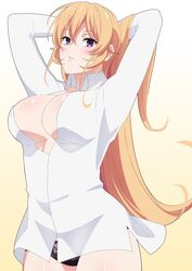  arms_behind_head arms_up black_panties blonde_hair blush breasts cleavage collared_shirt cowboy_shot female gradient_background hair_between_eyes hands_in_hair highres large_breasts lizta long_hair long_sleeves looking_at_viewer nakiri_erina no_bra no_pants panties parted_lips purple_eyes shirt shokugeki_no_souma solo unbuttoned unbuttoned_shirt underwear very_long_hair white_shirt 