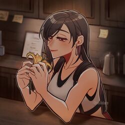  bar_(place) bare_arms black_hair black_sports_bra blush breasts collarbone counter crop_top cupboard earrings female final_fantasy final_fantasy_vii final_fantasy_vii_remake flower hair_between_eyes highres holding holding_flower jewelry leaning_on_table long_hair low-tied_long_hair medium_breasts red_eyes seilidare shirt sleeveless sleeveless_shirt smile solo sports_bra suspenders tifa_lockhart twitter_username underwear upper_body white_shirt yellow_flower 