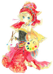  anklet bare_shoulders blonde_hair blue_eyes bracelet female final_fantasy final_fantasy_vi hisakata_(hisa_nn) holding holding_paintbrush jewelry paintbrush palette_(object) pants red_footwear red_headwear red_pants relm_arrowny strapless 