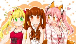  3girls :&lt; :3 ahoge alternate_hairstyle animal_ears blonde_hair bow breasts brown_eyes brown_hair cleavage collared_shirt commentary_request fate/extra fate_(series) fox_ears fox_tail green_eyes hairbow heart highres kishinami_hakuno_(female) multiple_girls nero_claudius_(fate) nero_claudius_(fate/extra) nero_claudius_(modern_costume_of_crimson)_(fate) oerba_yun_fang official_alternate_costume pink_hair shirt star_(symbol) tail tamamo_(fate) tamamo_no_mae_(fate/extra) tamamo_no_mae_(spring_casual)_(fate) tomo_(tomotomo59) twintails twintails_day yellow_eyes 