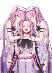  3girls :d armlet bare_shoulders black_cape blush cape closed_eyes collar commentary_request crying dress ede euryale_(fate) fate/grand_order fate/hollow_ataraxia fate_(series) flower frilled_hairband frills hairband happy_tears headdress highres lolita_hairband long_hair medusa_(fate) medusa_(lancer)_(fate) multiple_girls open_mouth purple_hair siblings sidelocks sisters sitting smile standing stheno_(fate) tears thighlet twintails very_long_hair white_dress 