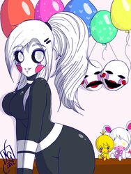  3:4 alternate_species animal_plushie balloon black_body black_skin blush bow_(feature) bow_tie breasts button_(fastener) button_eyes female five_nights_at_freddy&#039;s five_nights_at_freddy&#039;s_2 five_nights_in_anime group hair heart_balloon heart_pattern heart_print heart_symbol humanoid humanoidized inanimate_object inflatable looking_at_viewer mangle_(fnaf) marionette_(fnaf) not_furry pattern_balloon plushie print_balloon pupils scottgames smile spotted_balloon star star_balloon star_pattern star_polygon star_print toy_chica_(fnaf) white_eyes white_hair white_pupils x_mouth 