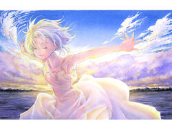  cloud commentary_request dress faux_traditional_media female highres naka_(nicovideo14185763) original outdoors photoshop_(medium) sky solo white_dress 