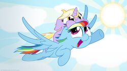  16:9 amber_eyes blonde_hair blue_body blue_feathers blue_fur cloud cutie_mark dinky_hooves_(mlp) duo equid equine feathered_wings feathers female feral flying friendship_is_magic fur grey_body grey_fur hair hasbro hi_res horn long_hair mammal multicolored_hair multicolored_tail my_little_pony mythological_creature mythological_equine mythology open_mouth outside pegasus purple_eyes rainbow_dash_(mlp) rainbow_hair rainbow_tail riding sky skyscape smile straddling sun tail tongue unicorn widescreen wings yellow_eyes young young_feral zutheskunk 