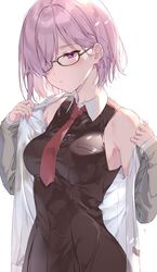  bare_shoulders black-framed_eyewear black_dress blush breast_pocket breasts collared_dress dress fate/grand_order fate_(series) female glasses grey_jacket hair_behind_ear hair_over_one_eye jacket kuroki_(ma-na-tu) mash_kyrielight medium_breasts necktie pink_hair pleated_dress pocket purple_eyes red_necktie short_hair sleeveless sleeveless_dress solo undressing wet wet_clothes wet_dress wet_hair wet_jacket white_background wing_collar 