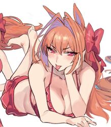  :p animal_ears antenna_hair arm_support barefoot bikini blush bow breasts cleavage collarbone commentary_request crossed_legs daiwa_scarlet_(trifle_vacation)_(umamusume) daiwa_scarlet_(umamusume) female frilled_bikini frills hair_intakes hairbow hand_on_own_cheek hand_on_own_face horse_ears horse_girl large_breasts long_hair looking_at_viewer lying multiple_views nonco official_alternate_costume on_stomach red_bikini red_bow red_eyes seductive_smile simple_background smile soles solo_focus swimsuit the_pose toes tongue tongue_out umamusume white_background 