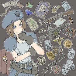  absurdres albert_wesker bad_id bad_twitter_id blue_eyes book brown_hair gun herb_bundle highres jill_valentine key lock mask pantsu-ripper police police_uniform resident_evil resident_evil_2 revolver rifle shotgun sunglasses uniform weapon 