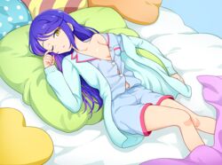  ;o aikatsu!_(series) aikatsu_stars! aqua_sweater bare_legs bed_sheet blanket blue_background blue_hair blue_pajamas cardigan collarbone cowboy_shot female hair_down half-closed_eyes heart heart-shaped_pillow kisaragi_tsubasa knees_together_feet_apart long_hair long_sleeves lying multicolored_clothes multicolored_hair multicolored_pajamas no_bra on_back on_bed on_pillow one_eye_closed open_cardigan open_clothes open_mouth pajamas pillow pink_pajamas purple_hair rubbing_eyes shirt_slip shorts simple_background sleepy solo streaked_hair sweater unbuttoned unbuttoned_shirt under_covers waking_up yawning yellow_eyes yoban 