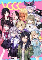  6+girls :d ;d animal_on_hand asumi_sena bird black_collar black_hair black_headwear black_jacket black_ribbon black_shirt black_skirt blonde_hair blue_eyes blue_hair blue_skirt braid breasts brown_hair cattleya_regina_games closed_mouth collar collarbone collared_shirt commentary_request cone_hair_bun cross cross_necklace drawstring fangs feet_out_of_frame flat_cap green_eyes green_jacket grey_hair hair_between_eyes hair_bun hair_ornament hair_ribbon hanabusa_lisa hanabusa_lisa_(1st_costume) hat heart heart_collar highres hood hood_down hooded_jacket hoodie ichinose_uruha ichinose_uruha_(2nd_costume) iris_black_games jacket jewelry kaga_nazuna kaga_sumire kaminari_qpi kisaragi_ren_(vtuber) kogara_toto kurumi_noah light_brown_hair lupinus_virtual_games medium_breasts multicolored_hair multiple_girls myusha necklace necktie off_shoulder one_eye_closed one_side_up open_clothes open_jacket open_mouth pink_hair pink_jacket pleated_skirt purple_necktie red_eyes red_hair ribbon sailor_collar school_uniform serafuku shirt short_eyebrows short_sleeves skirt smile split-color_hair standing streaked_hair tachibana_hinano_(vtuber) tan thick_eyebrows tosaki_mimi tosaki_mimi_(1st_costume) translation_request turtleneck two-tone_hair virtual_youtuber vspo! white_hair white_hoodie white_sailor_collar white_shirt wrist_cuffs x_hair_ornament 