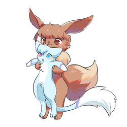  1:1 3_fingers 3_toes aishasoup ambiguous_gender anthro being_held belly blue_body blue_fur brown_body brown_eyes brown_fur brown_nose duo eevee feet feral fingers fur generation_1_pokemon heterochromia hi_res legendary_pokemon mew_(pokemon) nintendo pokemon pokemon_(species) ribbons ruka_vaporeon simple_background tail toes white_background white_belly white_body white_fur 