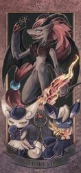  chains claws commentary fangs fire furry hair_bobbles hair_ornament horns looking_at_viewer meowstic meowstic_(female) meowstic_(male) okowa_0141 open_mouth pokemon pokemon_(creature) tarot tarot_(medium) the_devil_(tarot) tongue zoroark 