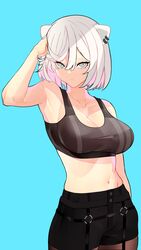  absurdres adriano_ssrb animal_ears armpits bare_shoulders black_pantyhose black_shorts black_sports_bra blue_background breasts cleavage collarbone ear_piercing female grey_eyes grey_hair hair_between_eyes hand_in_own_hair hand_up highres hololive large_breasts lion_ears lion_girl navel official_alternate_costume official_alternate_hair_length official_alternate_hairstyle pantyhose piercing shishiro_botan shishiro_botan_(button-down) short_hair shorts simple_background solo sports_bra standing underwear virtual_youtuber 