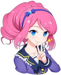  aikatsu!_(series) aikatsu_stars! blue_bow blue_bowtie blue_eyes blue_hairband blue_sailor_collar blush bow bowtie collar collarbone cropped_arms cropped_torso drill_hair female frilled_shirt_collar frills hairband hairbow jacket long_hair long_sleeves looking_at_viewer pink_hair portrait purple_jacket sailor_collar sakuraba_rola simple_background smile solo sparkle v white_background yoban 